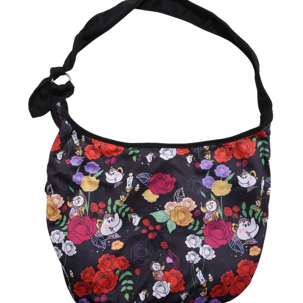 HP🎊🎊Loungefly Disney Beauty And The Beast Floral Character Sketch Print Hobo…